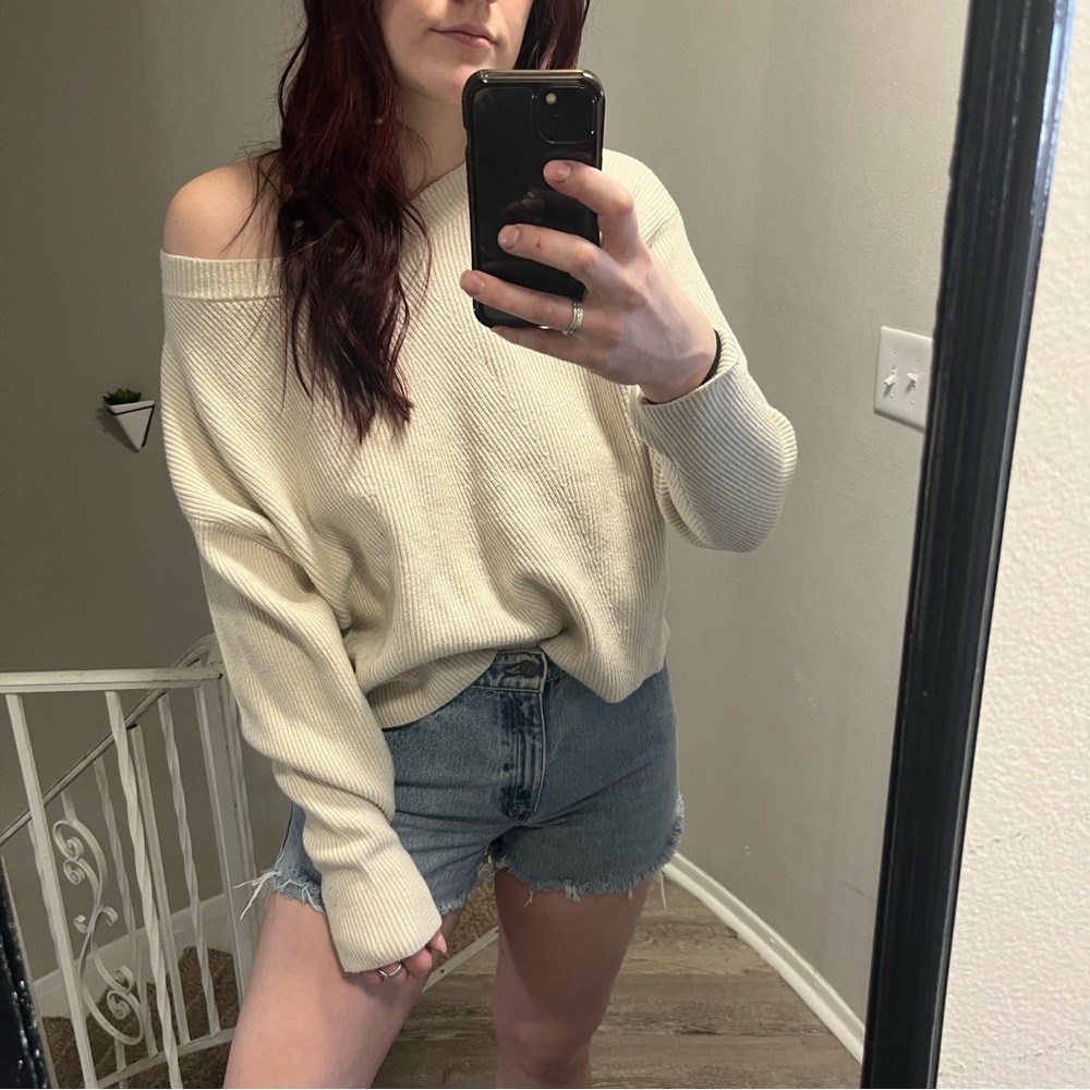 Zara Cream Knit Off the Shoulder Oversized Sweater